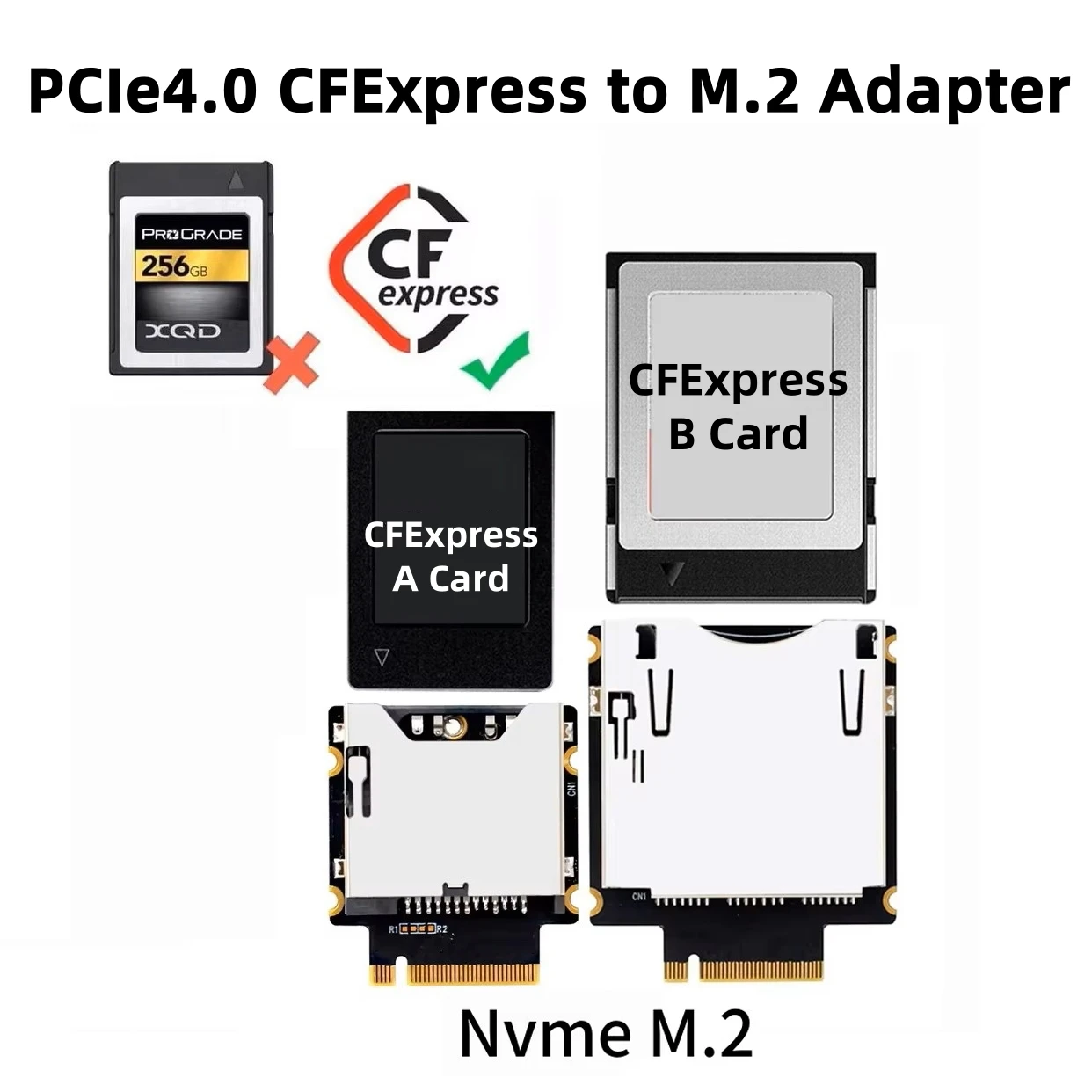 PCIE 4.0 3.0 NVME NGFF M-Key M.2 to CFExpress Type-A, Type-B Memory Card Reader, for PC Laptop SSD Expansion Board Adapter