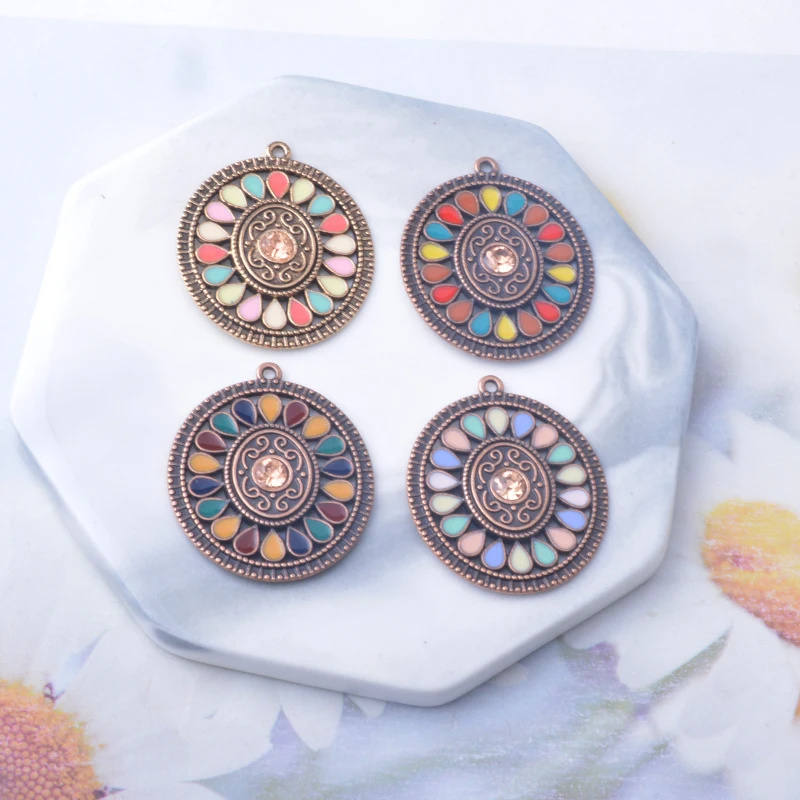 10 Stück Emaille-Oval-Blumenanhänger aus Legierung, bunt, antikgoldfarben, im böhmischen Stil, Anhänger für DIY-Schmuckherstellung, Ohrringe. – Detail 2