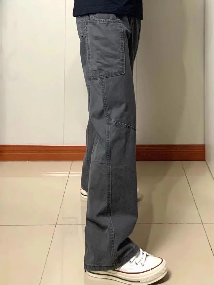 

Темно-серые мужские рабочие брюки в американском ретро-стиле с множеством карманов, весенне-осенние, модные, в уличном стиле, джинсы с высокой талией, зауженные брюки