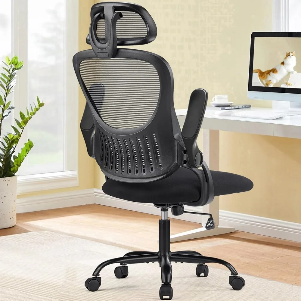 Computador do escritório Desk Chair,Mesh rolamento cadeiras de trabalho com rodas e encostos de cabeça ajustáveis, apoio lombar, confortável Flip-up Arms