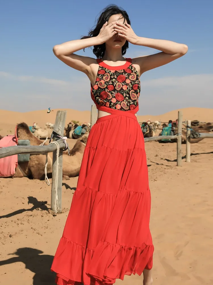 Jastie 2025 Abito estivo da donna in chiffon Abiti lunghi da spiaggia bohémien Abito lungo sexy con ricamo etnico Boho a vita cava