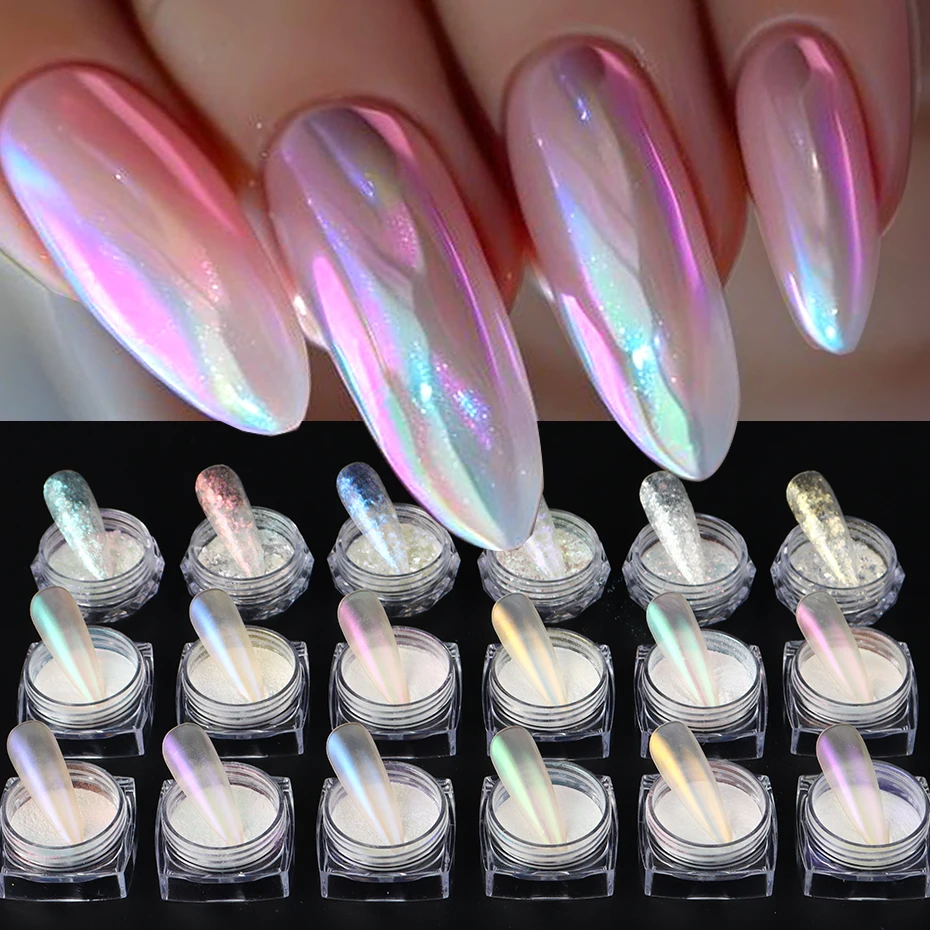 Pearl Glitter Nail Powder Aurora Mirror Rub Chrome Pigment White Purple Neon Powder Manicure Gel Polish Dust Nail Art Decoration