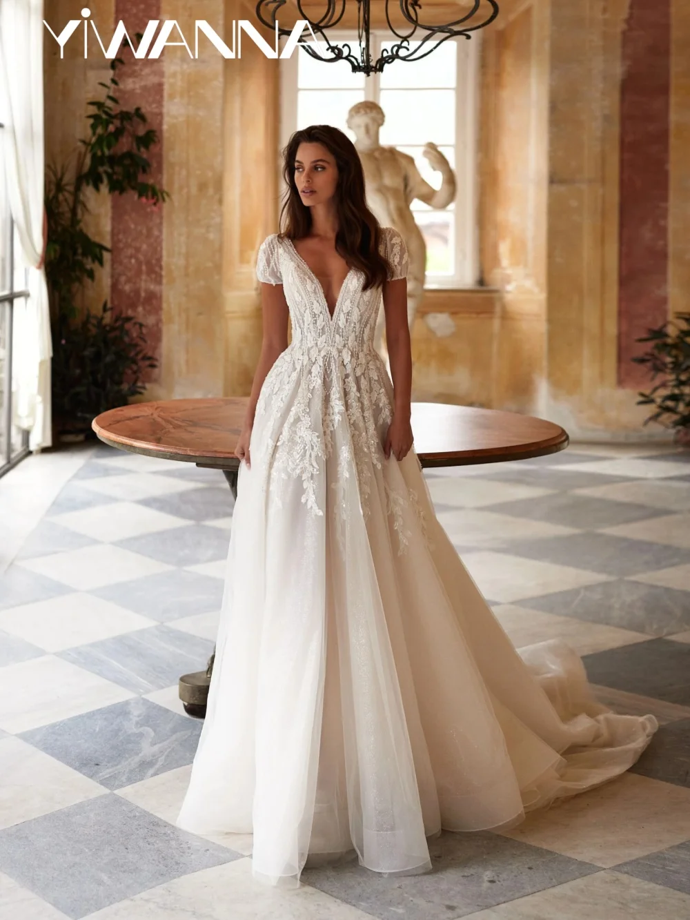 

Dazzling Beaded Tulle Wedding Dress Romantic Puff Sleeve A-line Long Bridal Gown Customized Dresses For Bride