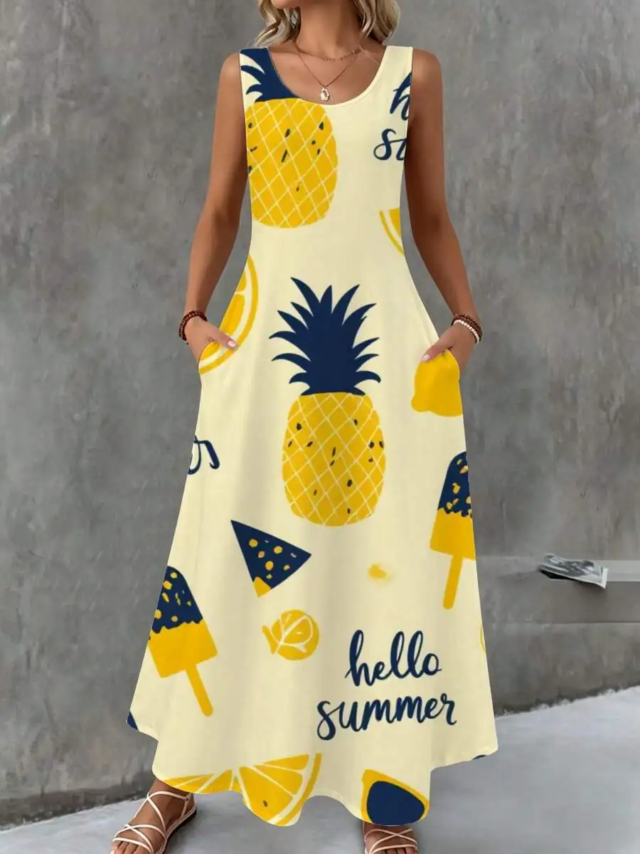 

Sleeveless Maxi Dress Cream Pineapple Lemon Ice Cream Print Hello Summer Beach Vacation Outfit