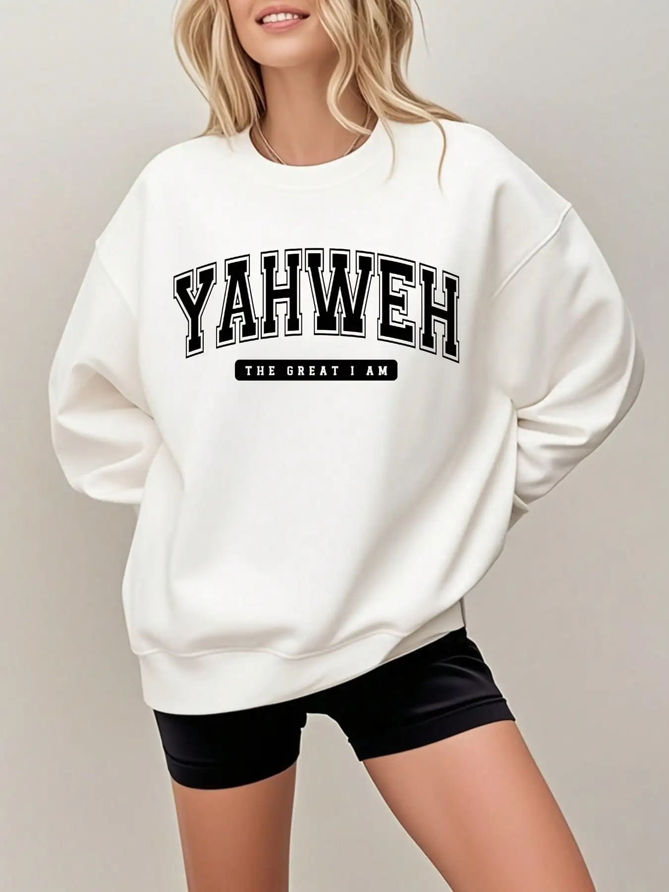 

Женская белая толстовка с круглым вырезом и принтом «YAHWEH THE GREAT I AM», повседневный пуловер с надписью Faith
