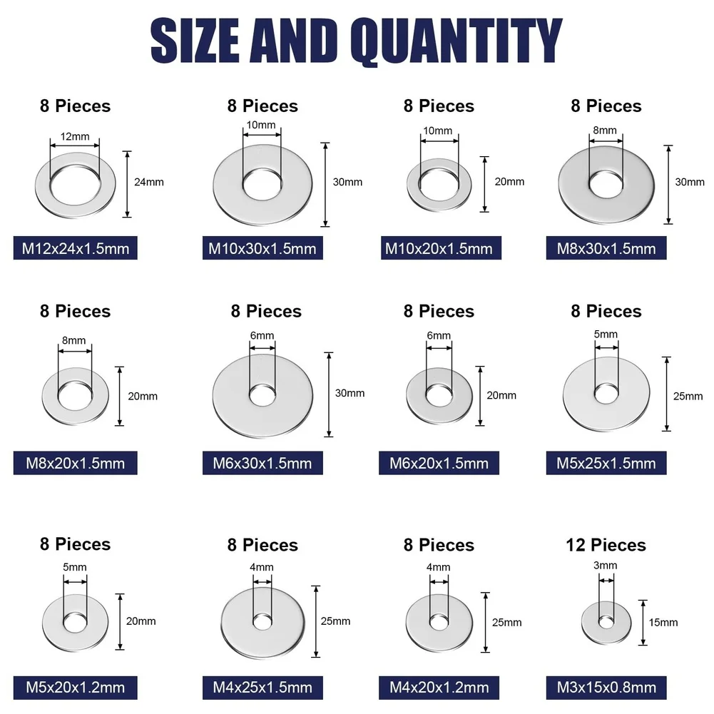 M3-M12 Assortment 304 SS Flat Washers DIY Repairs Electronic Assembly Rust Resistant Precision Stamped For M3 Screws