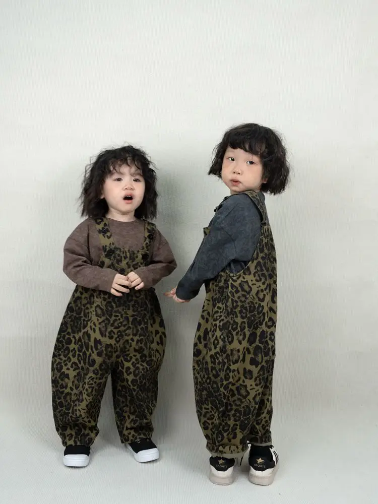 2024 Autumn New Children Overalls Vintage Girls Leopard Overalls Kids Bib Pants Baby Boys Strap Trousers Kids Clothes