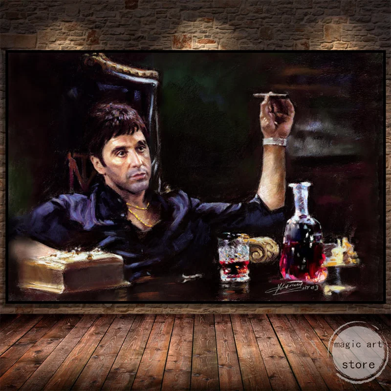 Classic Retro Movie Character Al Pacino Scarface Tony Montana and Wine Art Poster Canvas Painting Wall Print Picture Home Decor