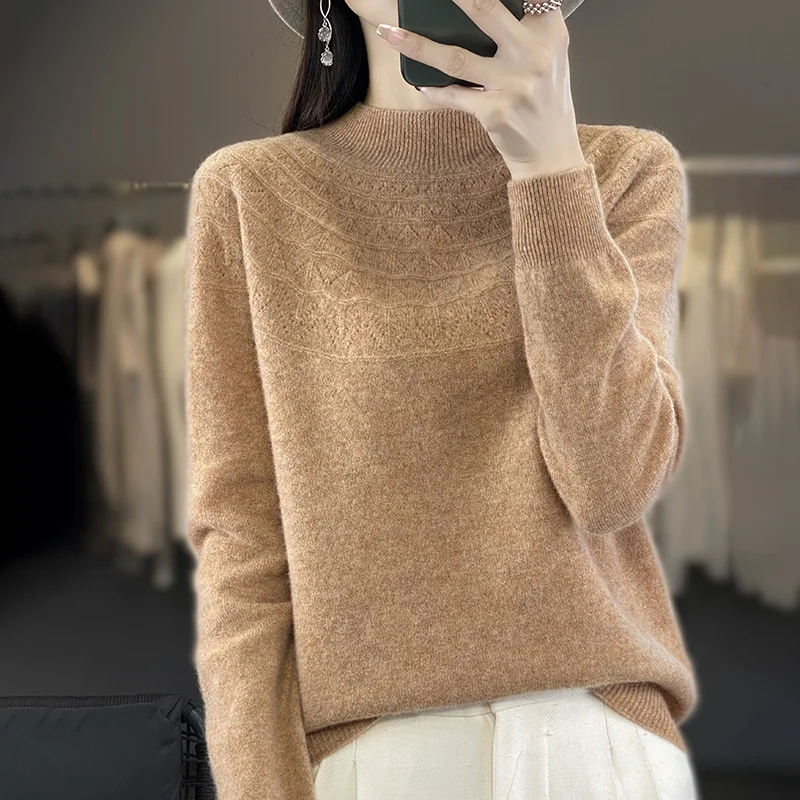 

Classic First line ready wear clothing Women Wool Pullover Half height Neck Long Sleeve Hollow out style High Quality Sweater