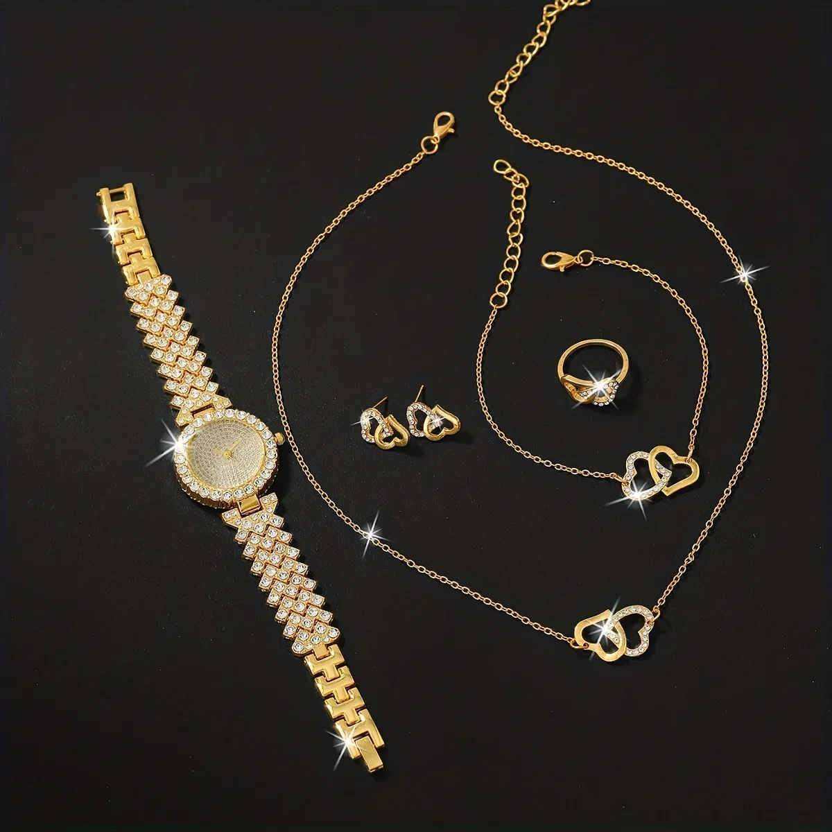 1pc Rhinestone Decor Quartz Watch Elegant Starry Dial Analog Dress Watch & 5pcs Jewelry Set, Gift For Mom/Girlfriend