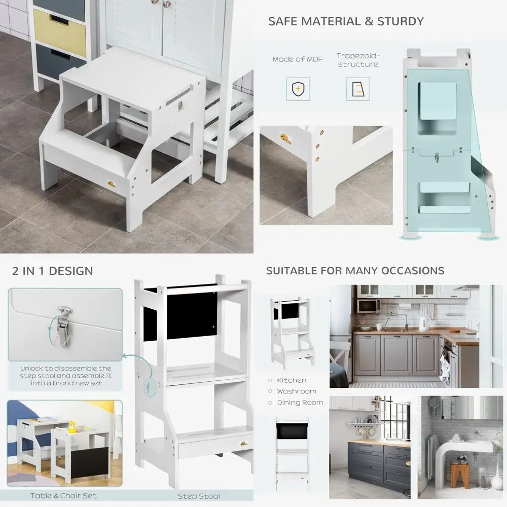 

Gray 2-in-1 Toddler Kitchen Table and Step Stool with Chalkboard and Safety Rail for Home Use