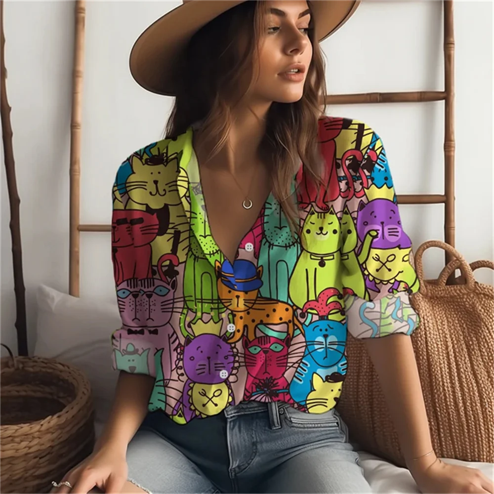 Women\'s 3D Shirt Printed Animal Graphics Long Sleeve Loose Soft Comfortable Button Lapel Fashion Shirt Sun Visor Breathable Wome