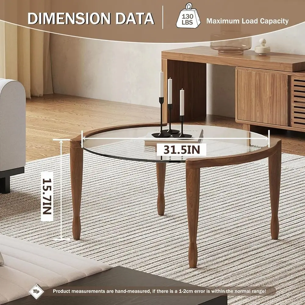 طاولة قهوة زجاجية مستديرة حديثة من منتصف القرن بأرجل خشبية، مثالية للمساحات الصغيرة
