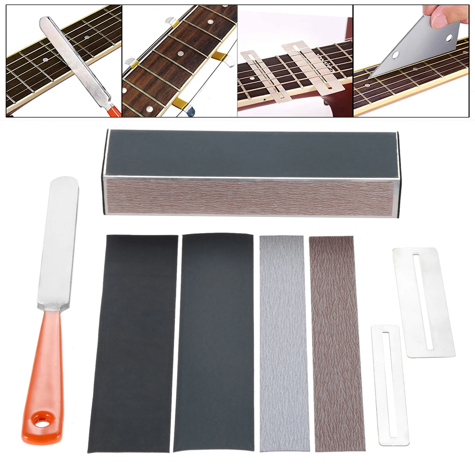 8 Pcs Guitar Luthier Tool Kit Fret Crowning Luthier File Fret Sanding Leveler Beam Leveling Bar Fingerboard Guard 4 Sandpapers