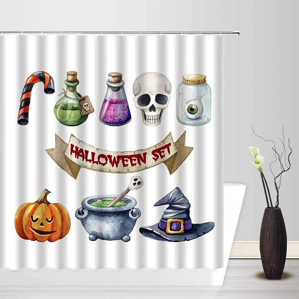 

Funny Halloween Shower Curtain Spooky Orange Pumpkin Lantern Skull Bat Spider Magic Hat Bath Curtains Bathroom Home Deco Screens