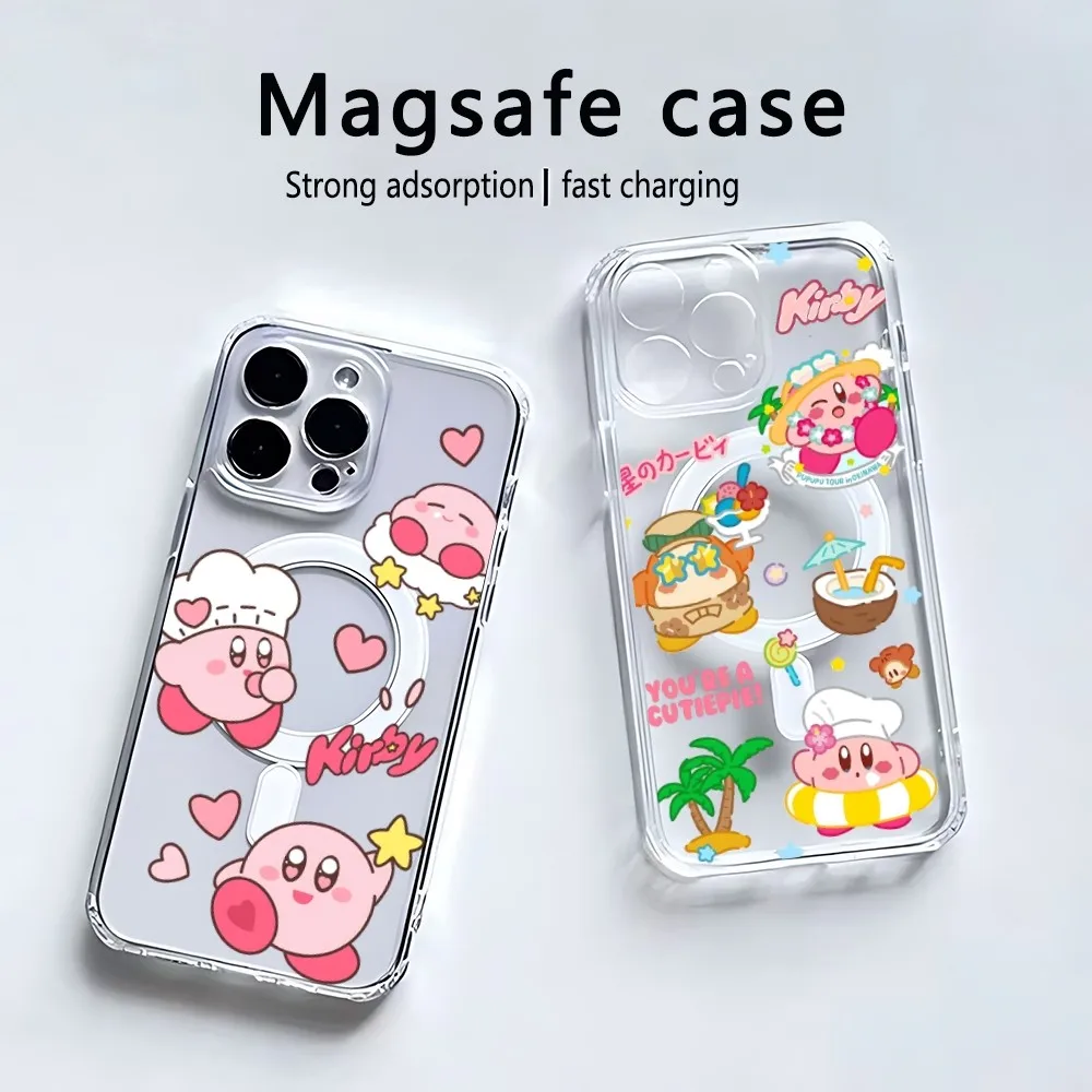 Cute K-Kirby Phone Case Magsafe Transparent Case For Iphone 13 Pro Max IPhone 12 Mini Phone Cover 11 14 15 16Wireless Charging