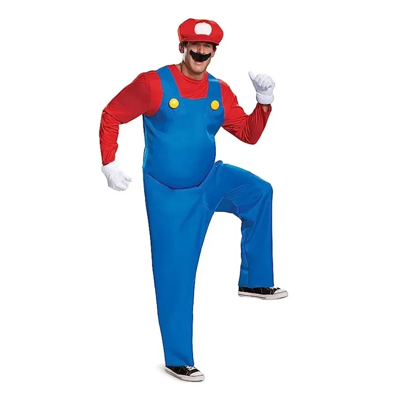 Disfraz de fontanero para adultos, con sombrero, bigote, guantes, mono, vestido de fiesta de Halloween, traje de Cosplay para hombres y mujeres