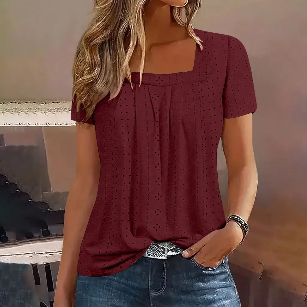 

Summer Women's Loose Casual Solid Color Square Collar Short-Sleeved Top by European And American Fashion