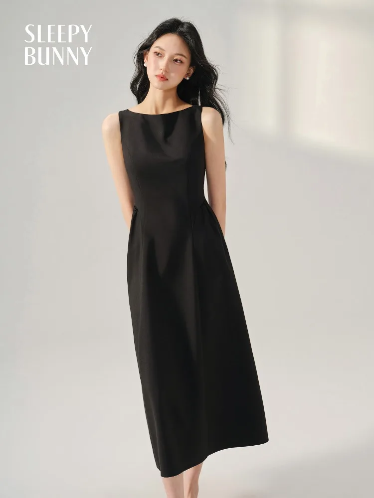 Elegant แขนกุดชุดยาวสีดําสําหรับผู้หญิง Hepburn สไตล์ปิดไหล่เอวสูง SLIM FIT ฤดูร้อน A Line Maxi Dress PARTY Work