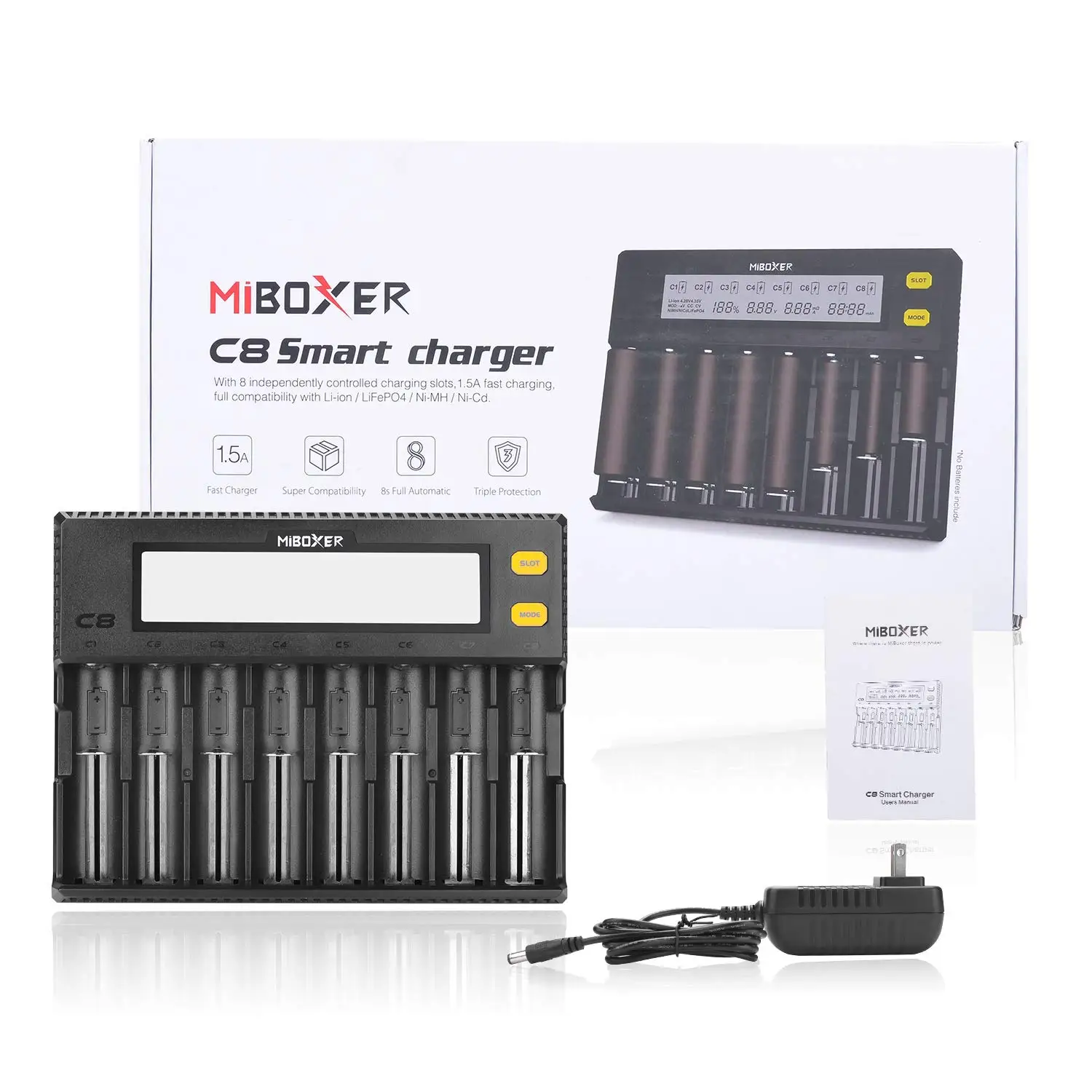 MiBOXER C8 18650 Battery Charger 3.7V LCD Display  1.5A for Li-ion LiFePO4 Ni-MH Ni-Cd AA 21700 20700 26650 18350 17670 RCR123