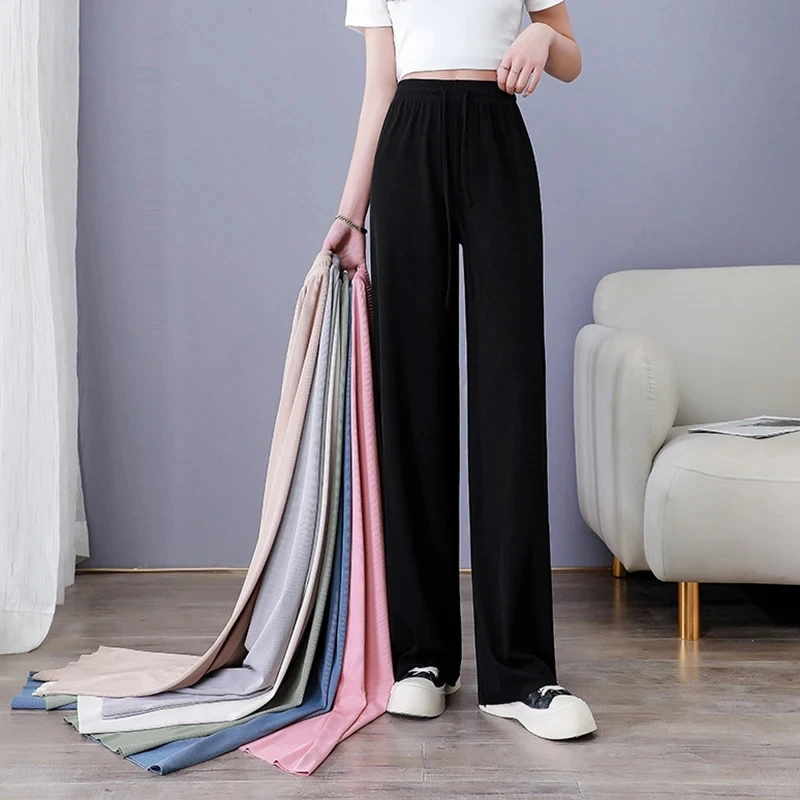 2024 New Women Ankle-Length Wide Leg Pants Casual Summer Solid Elastic Waist Loose Ice Silk Pants Spring Summer Female Trousers