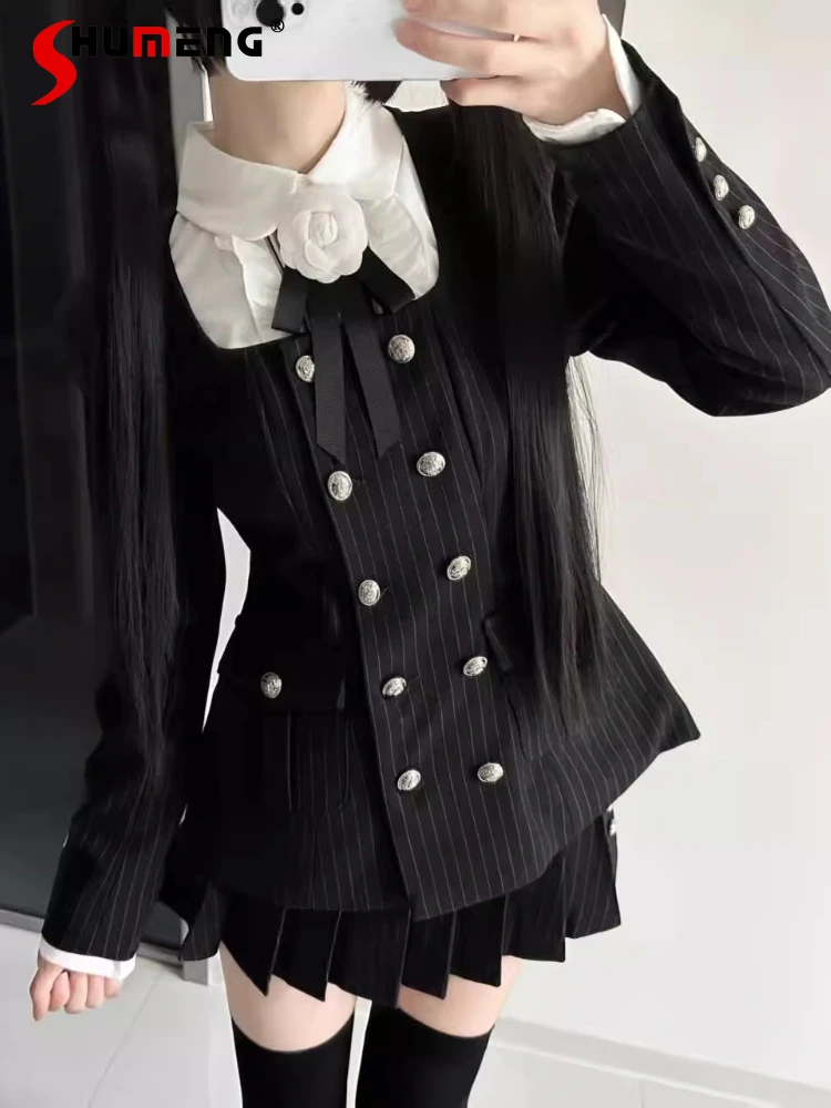 

Vintage Preppy Style Stripe JK Skirt Set Square Collar Long Sleeve Blazer Pleated Skirt White Shirt Three-Piece Set Women Autumn