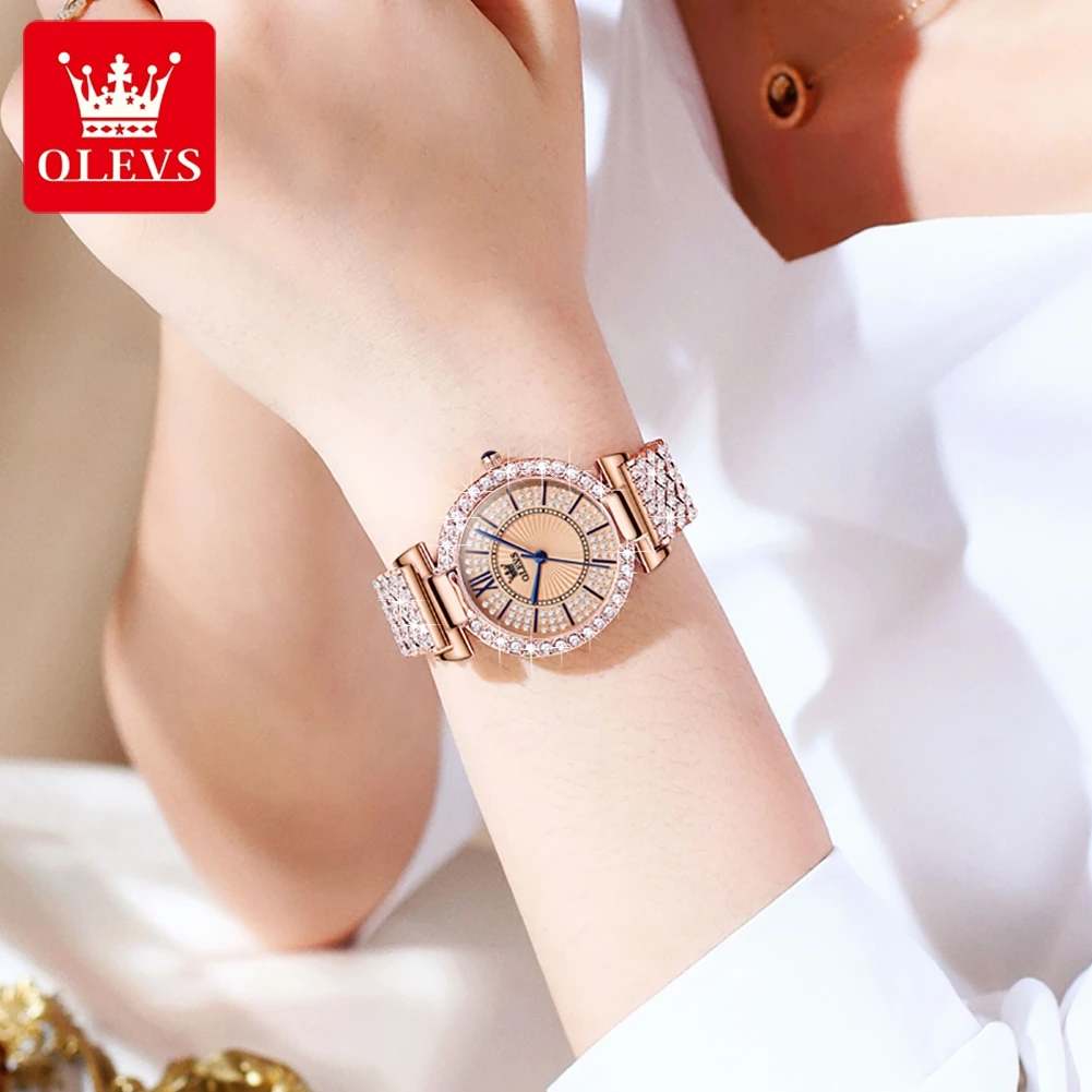 OLEVS 9942 Full Diamond Luxury Quartz Watches for Women Fashion Elegant Rose Gold Steel Strap Waterproof Ladies Dress Wristwatch