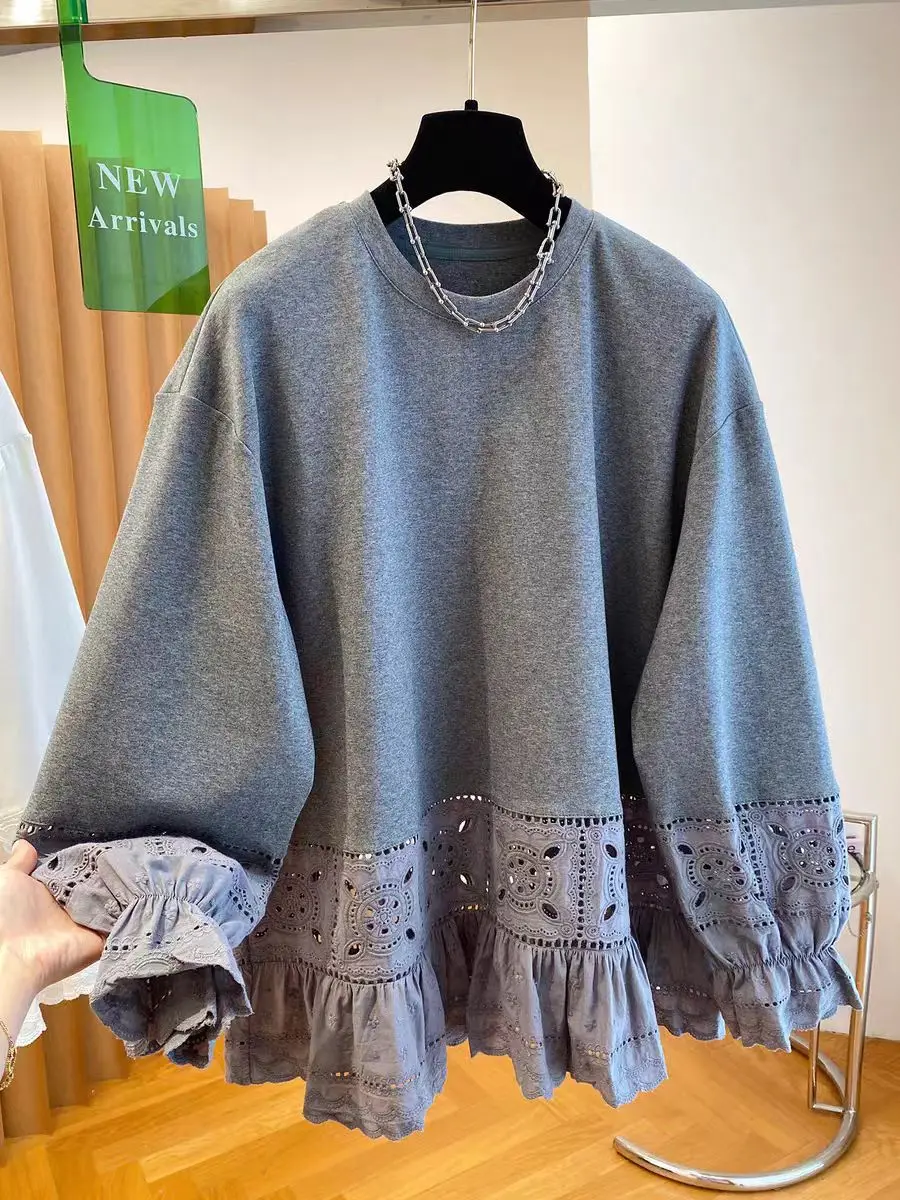 plus Size Women's Long Sleeve T-Shirt Lace Splicing Thickened Casual Style Autumn Winter New Style Slimming Base Shirt