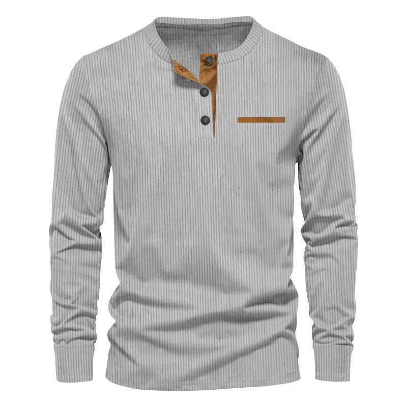New Men\'s Long Sleeve T-shirt Spring And Autumn Comfortable Corduroy Fake Pocket Daily Casual Henry Shirt Fashion Men\'s Clothing