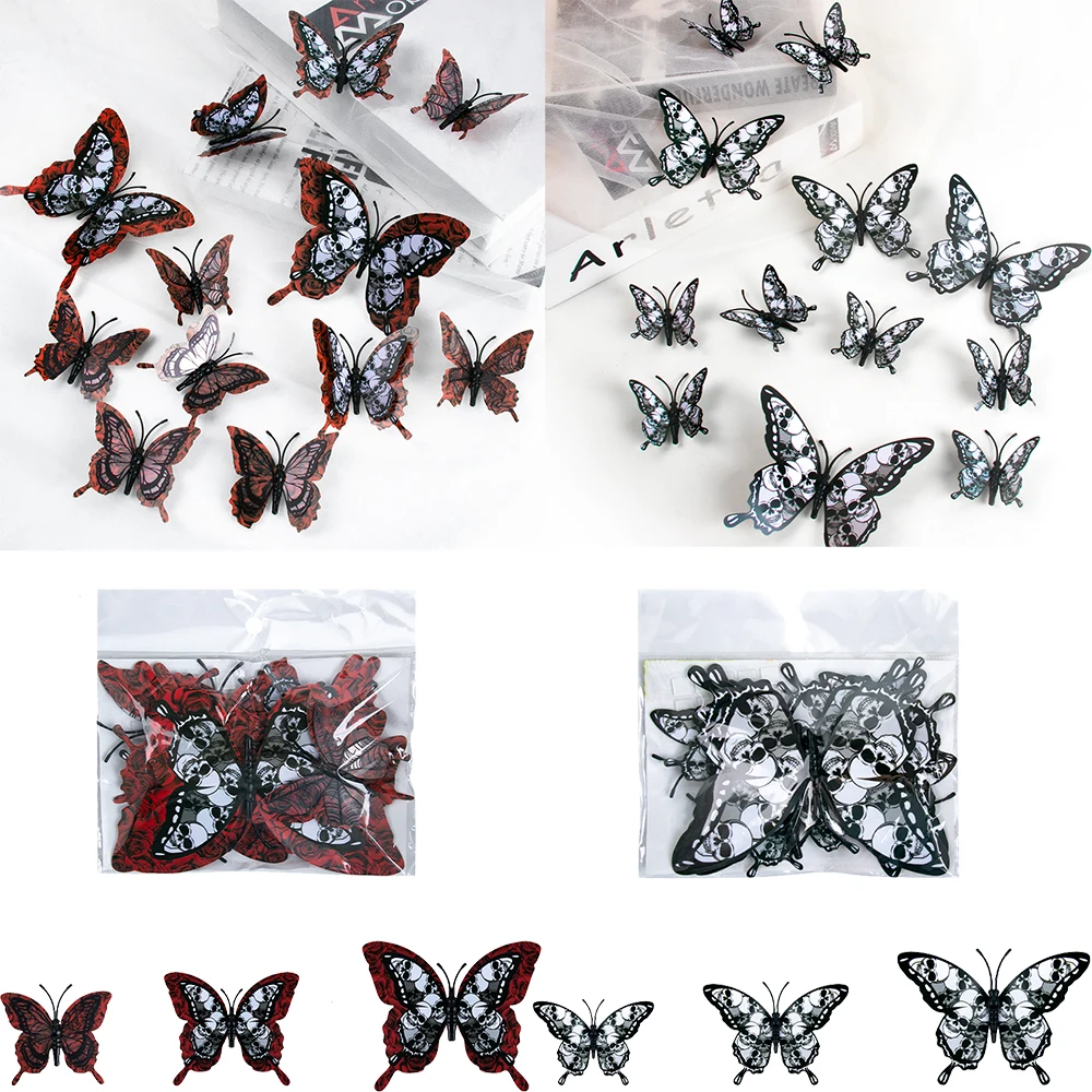 12 stücke DIY 3d Schmetterling Wand dekoration Halloween schwarz Schmetterling Schädel Aufkleber für Halloween Party Dekor Spukhaus Wand dekoration