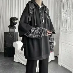 Women's Clothing Fake Two Hoodies Patchwork Plaid Hooded Oversized Tops Korean Y2K Clothes for Teens Harajuku Casual Sweatshirt