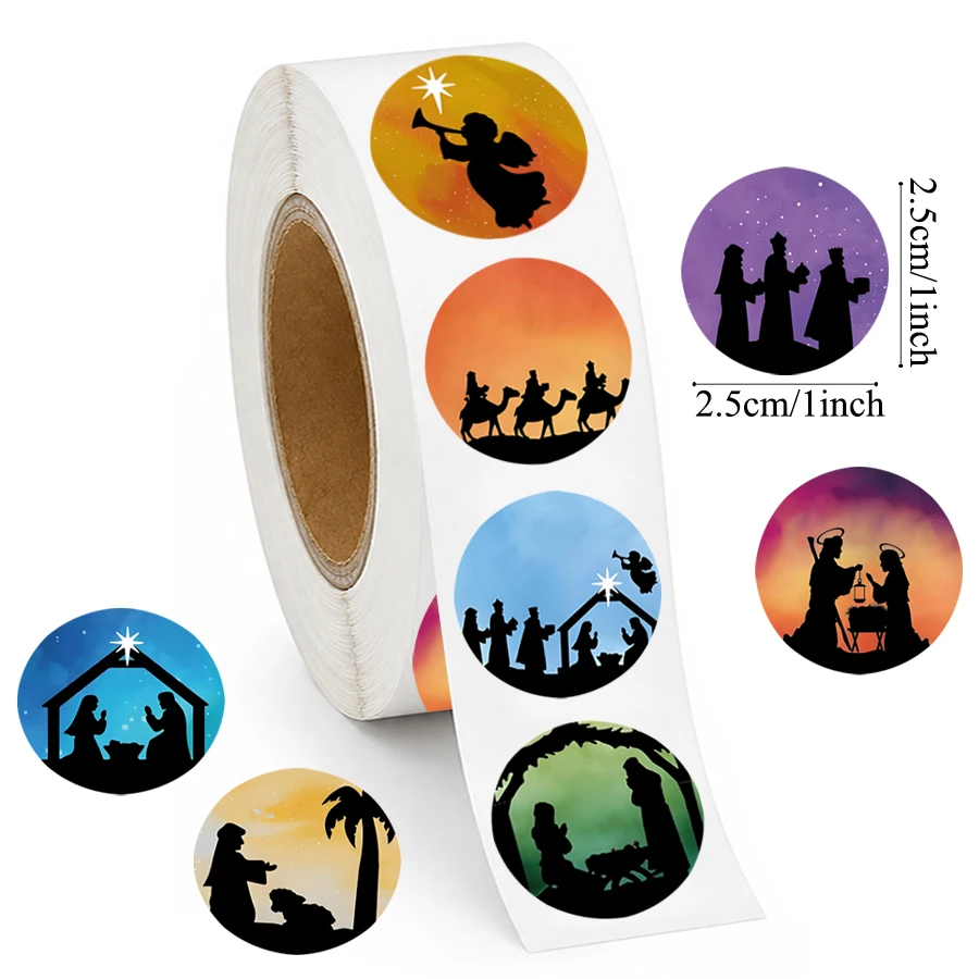 500 Pcs Christmas Nativity Stickers, 8 Designs Round Religious Scene Labels, Self Adhesive Holiday Stickers