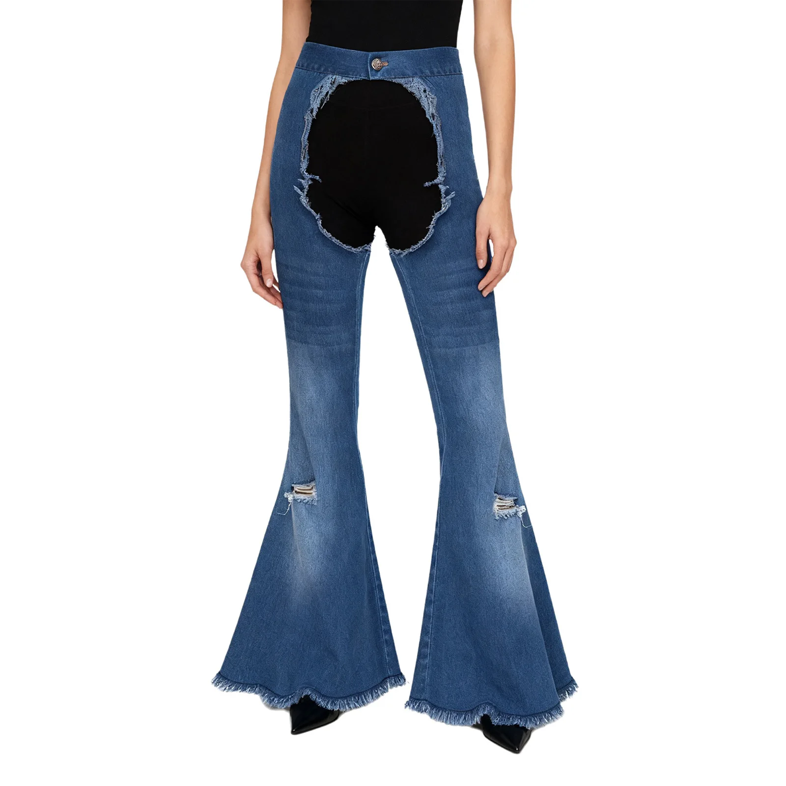 

Women Stylish Denim Hollow-out Crotch Distressed Wide Leg Jeans Trousers Cowgirl Riding Halloween Party Role Play Chaps Pants