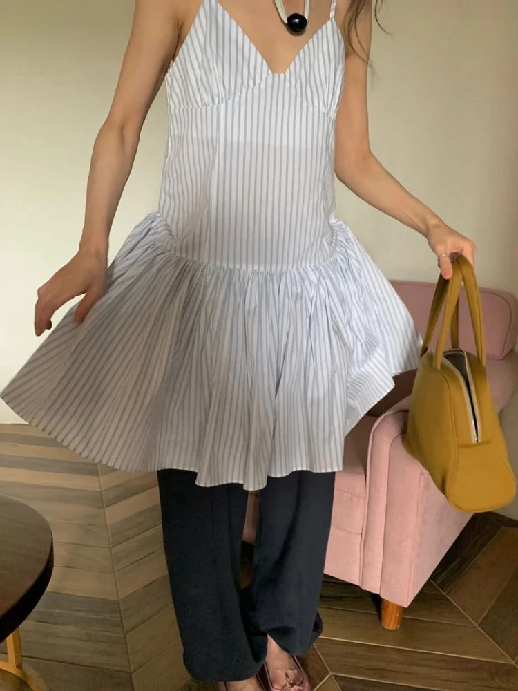  Sle Vintage Gentle Stripe V-Ne Puffy Skirt ter Dr Women Summer Casual High Waist A-Line Gown Single Piece