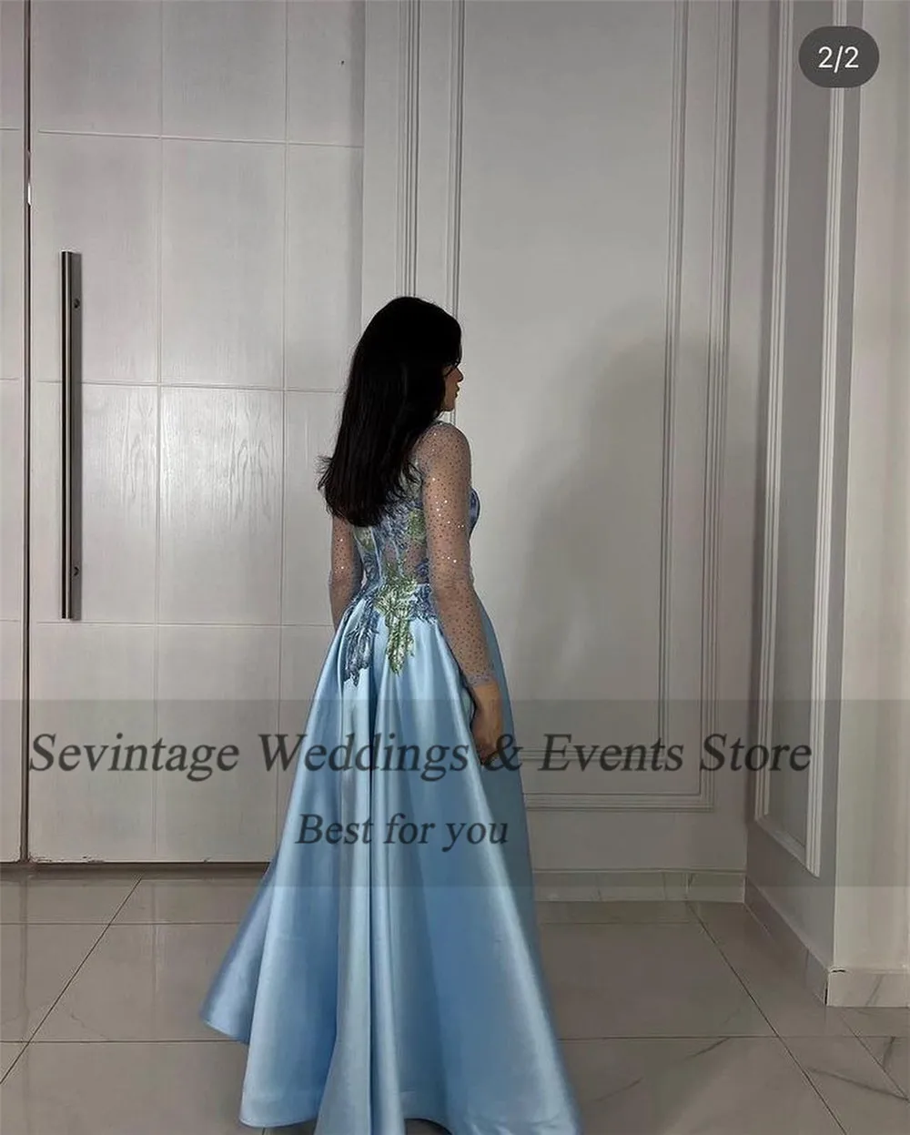 Personalizado modesto céu azul árabe saudita vestidos de noite plissado ruched mangas compridas lantejoulas apliques vestidos de baile para mulher 2023