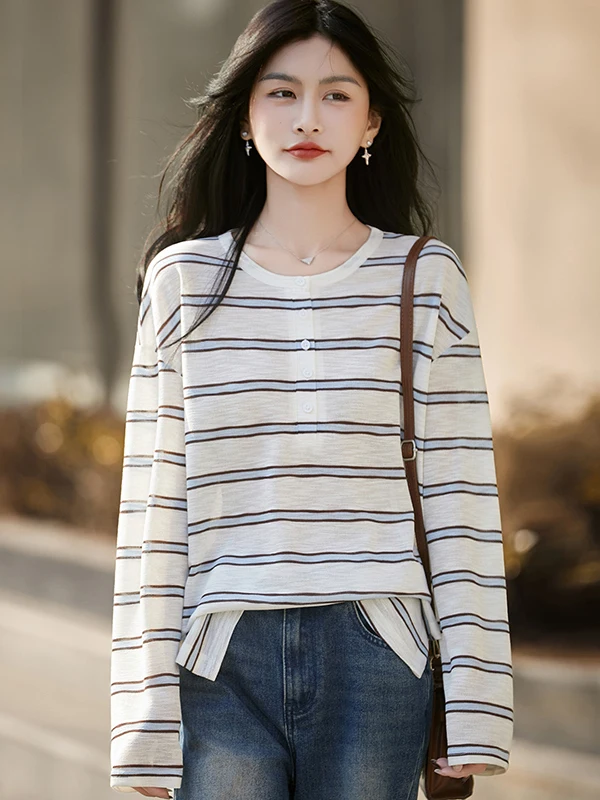 

Ladies Loose Fit Long Sve round Ne Knitted T-irt Striped Lazy Sle Spring New Arrival oulder Width Stand Knitwear