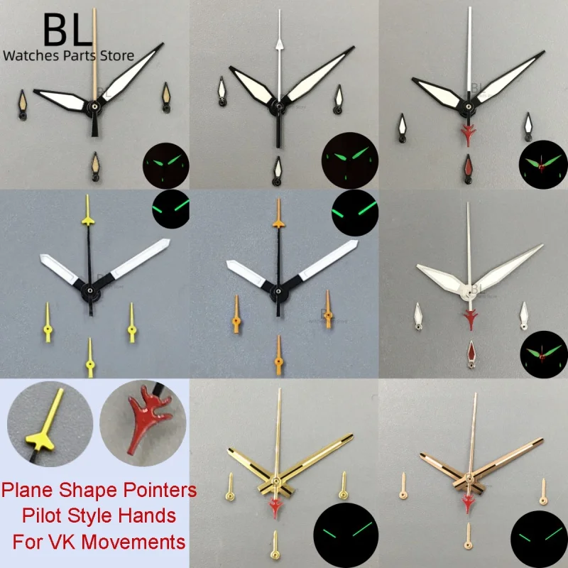 BLIGER Pilot Style VK63 Watch Hands 6 Hands Plane Shape Pointer C3 Green Luminous Fit VK63 VK64 VK67 Quartz Movement Watch Parts