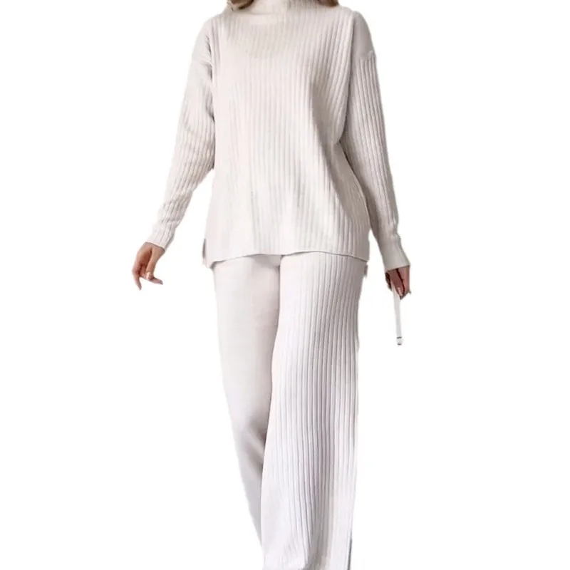 Women Knitted Two-piece Set Casual Loose Women\'s Home Suit With High Collar Top Wide Leg Trousers Knitting 2 Piece Outfit Winter