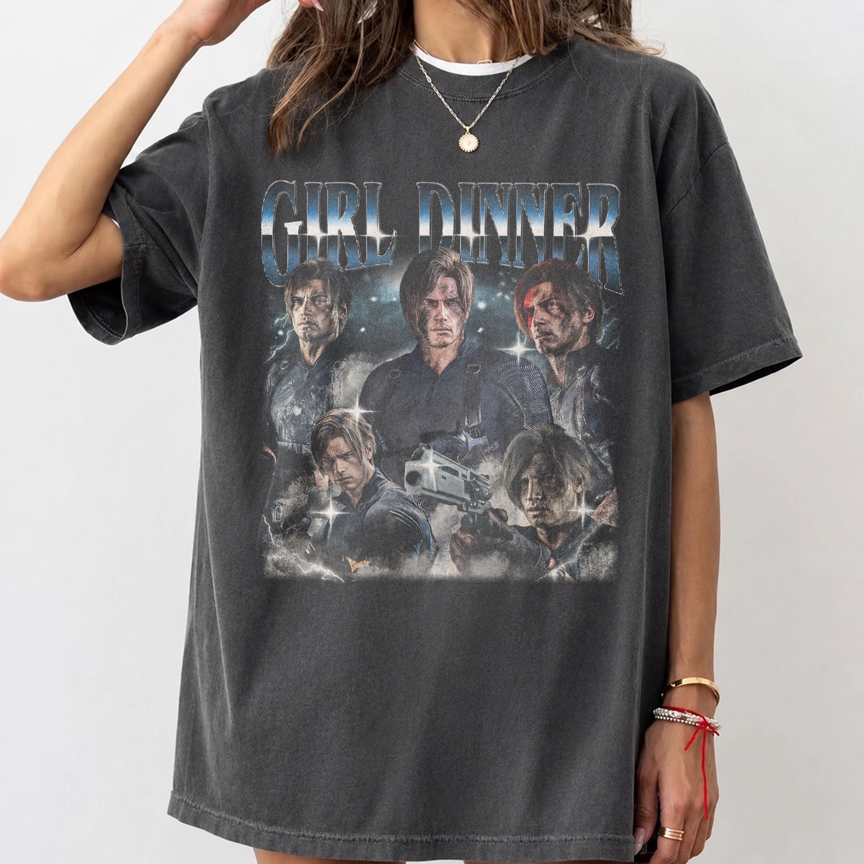 Girl Dinner Resident Evil Vintage Shirt, Leon Kennedy Resident T-Shirt, 90s Film Inspired Merch