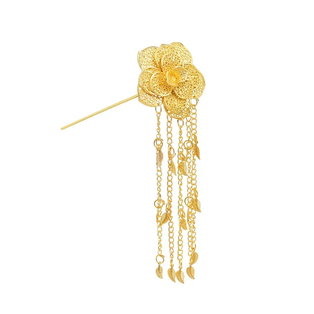 Ancient Thai Metal Flower Hair Fork Rhinestone Ethnic Style Golden Tassels Hair Fork Headdress Waterproof