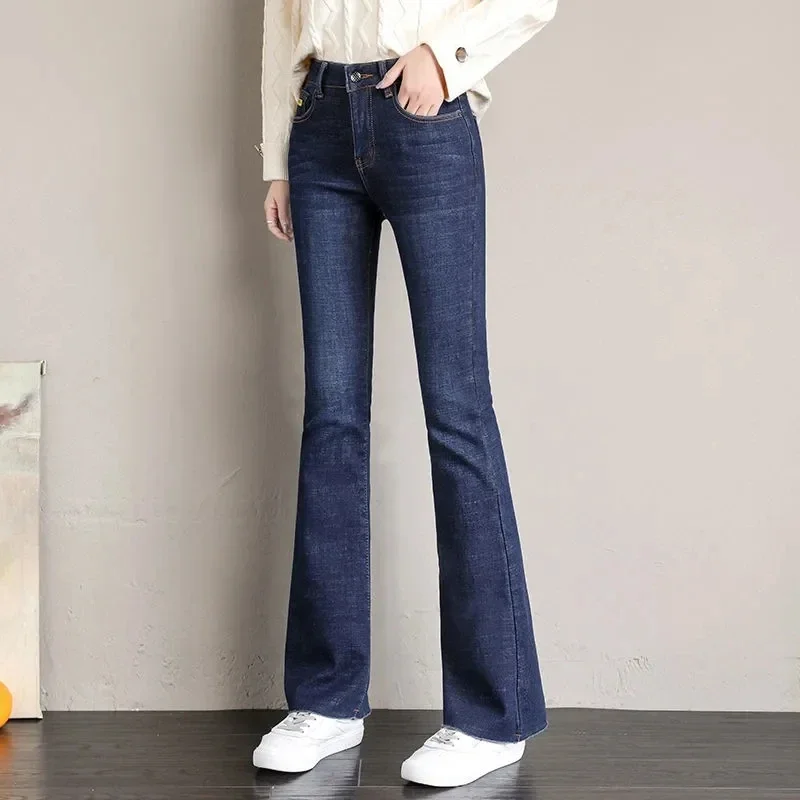 Vintage Plush Lined Flare Jeans Winter Warm Casual Skinny Vaqueros Thicken Stretch Denim Pants High Waist Women\'s Bell-bottoms