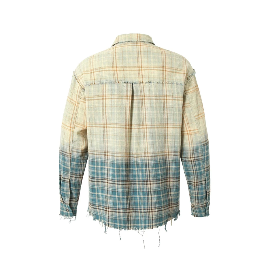 Raw Edge Plaid Shirts Mens Gradient Long Sleeve Shirts Hip Hop Harajuku Streetwear Vintage Casual Cotton Loose Blouses Male