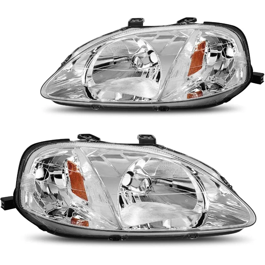 

Headlight Assembly Compatible with 1999 2000 Honda Civic Vehicles Chrome Housing with Clear Lens and Amber Reflector for Enhanc
