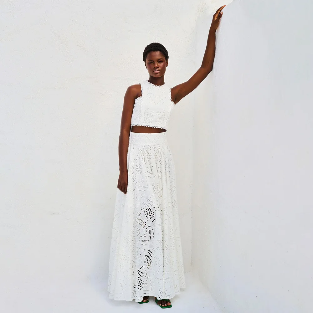 

Elegant Women's Lace Hollow out Sleeveless Embroidered Long Dress Holiday Set Two Piece Suit Autumn 2024 Fashion Trend