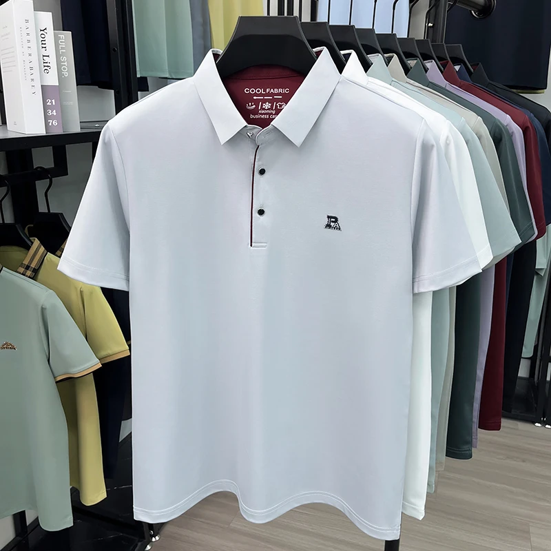 TFETTERS Summer 2026 Business Minimal Mens T-Shirt Slim Fit Letter Embroidery Cool Silky Ice Office Wear Collared Top For Man