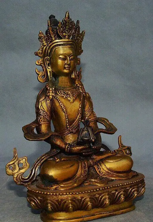 Antique Old Gilt Bronze Buddha Statue Amitayus Amitabha Kwan-yin lucky longevity