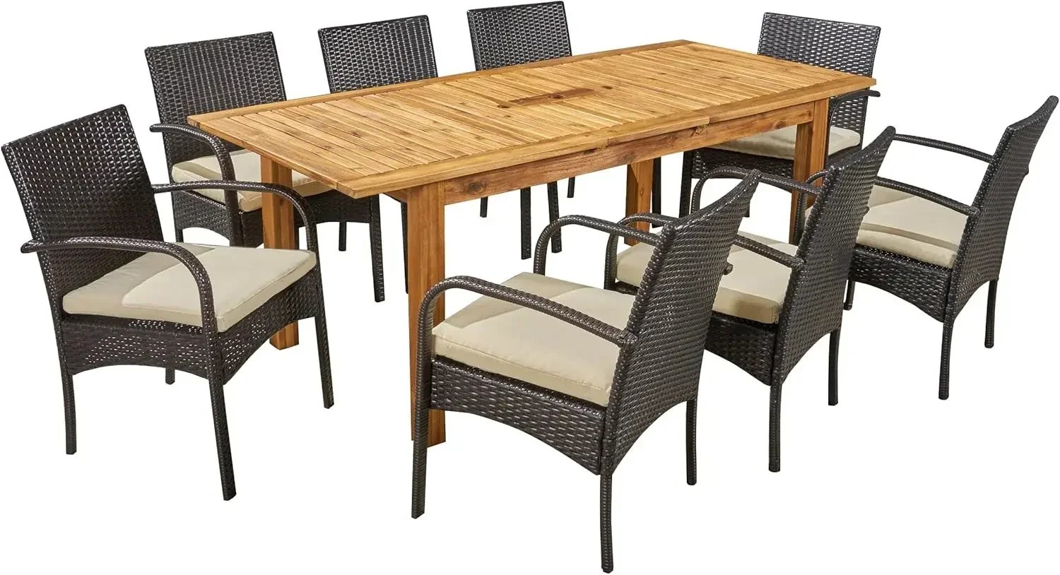 Elmar Outdoor 9 Piece Acacia Wood and Wicker Expandable Dining Set, 22.1 