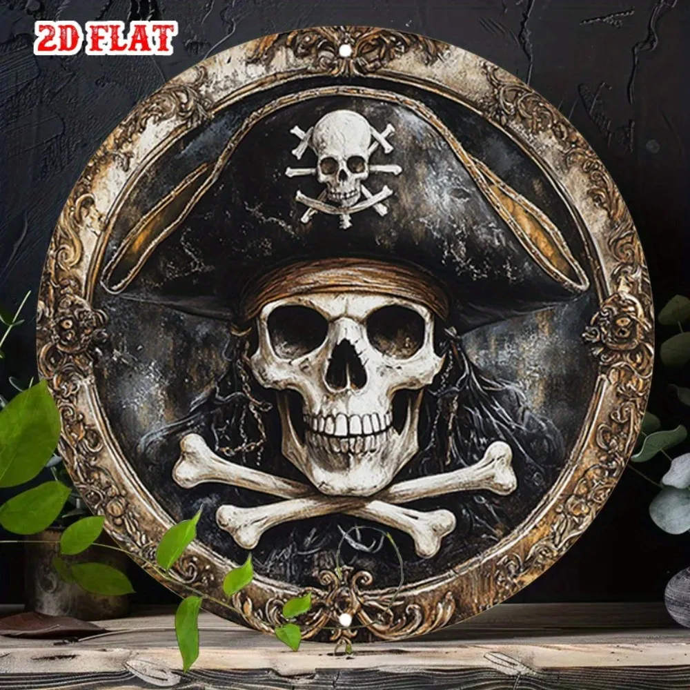 Panneau rond en métal orné d'un crâne de pirate, décoration murale classique pour bar, 7,8x7,8 pouces