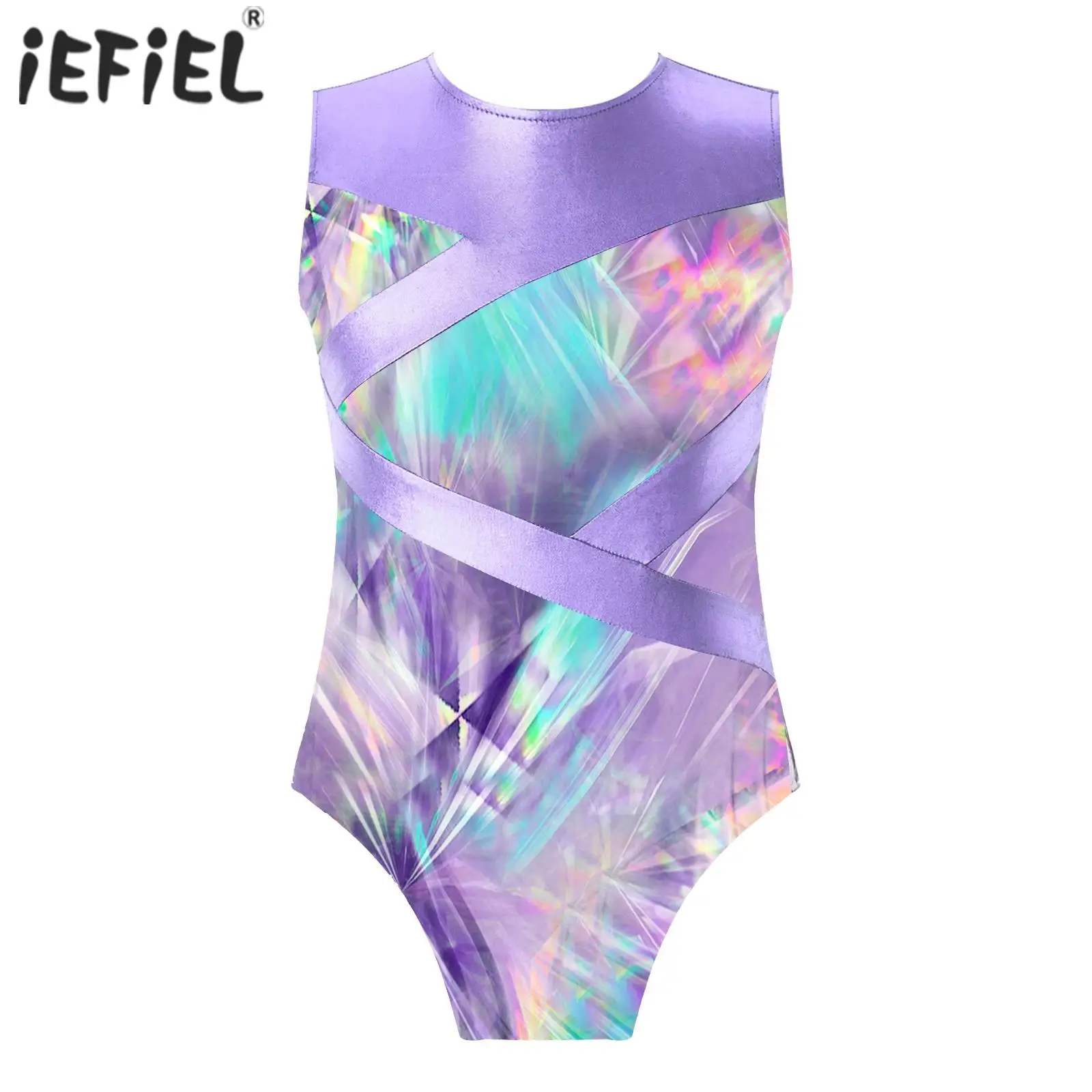 Kids Girls Rhythm Gymnastic Skating Bodysuit Swimsuit for Ballet Dancing Printed Metallic Leotard Round Neck Hollow Out Jumpsuit