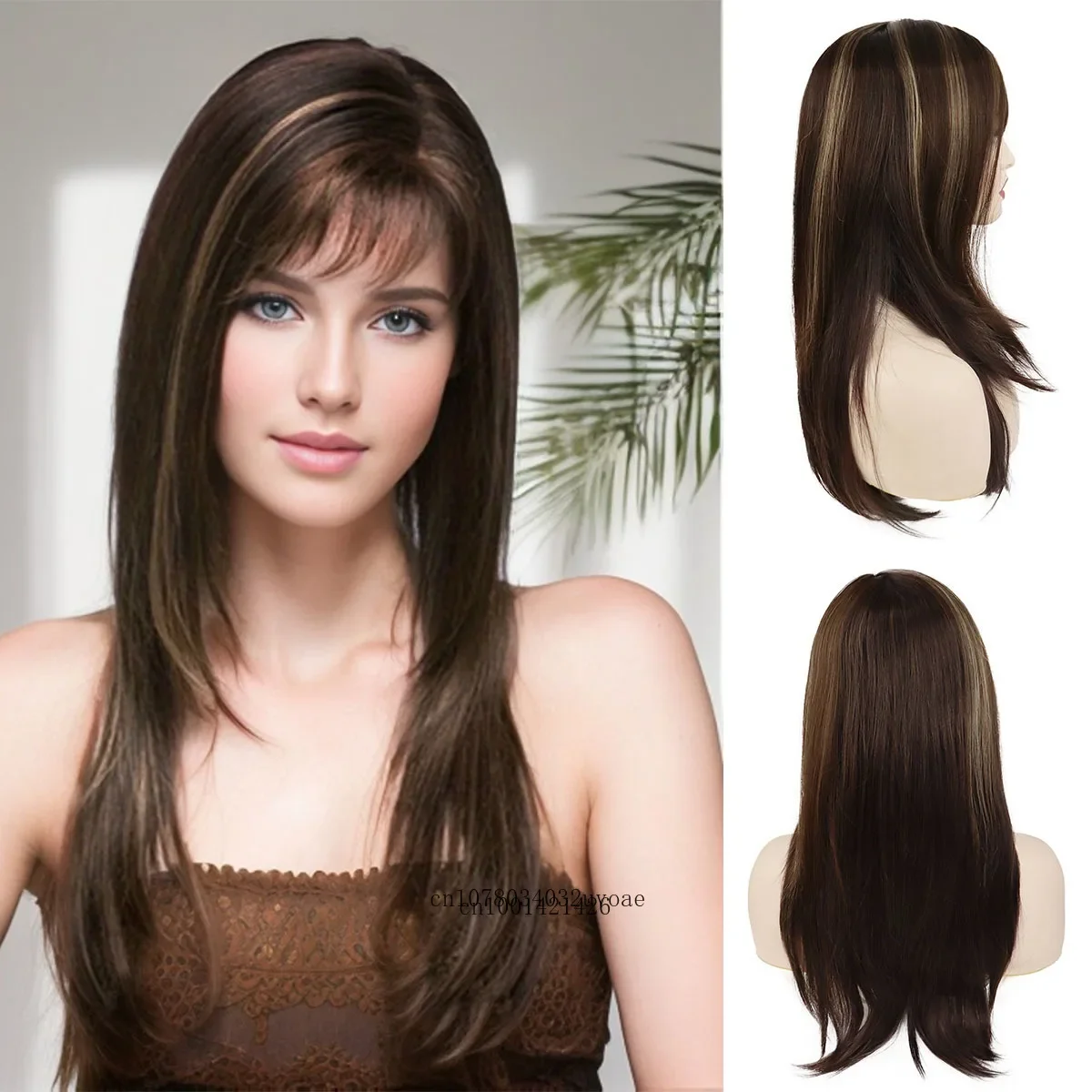 Synthetic Long Straight Wig for Women Brown Mix Blonde Highlight Wig Natural Soft Elegant Wigs with Bang Daily Cosplay Halloween